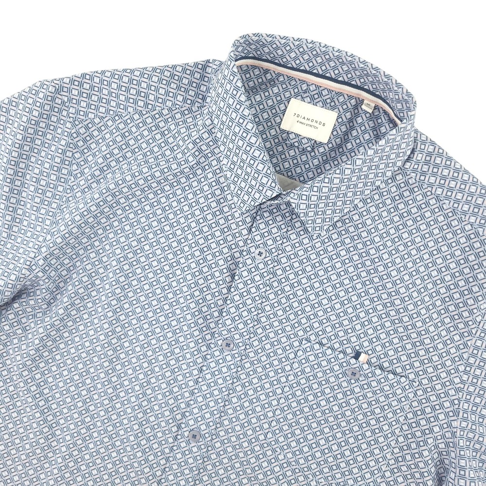7 Diamonds Shirt Mens XL Blue Geometric Short Sleeve Button Up Stretch Casual